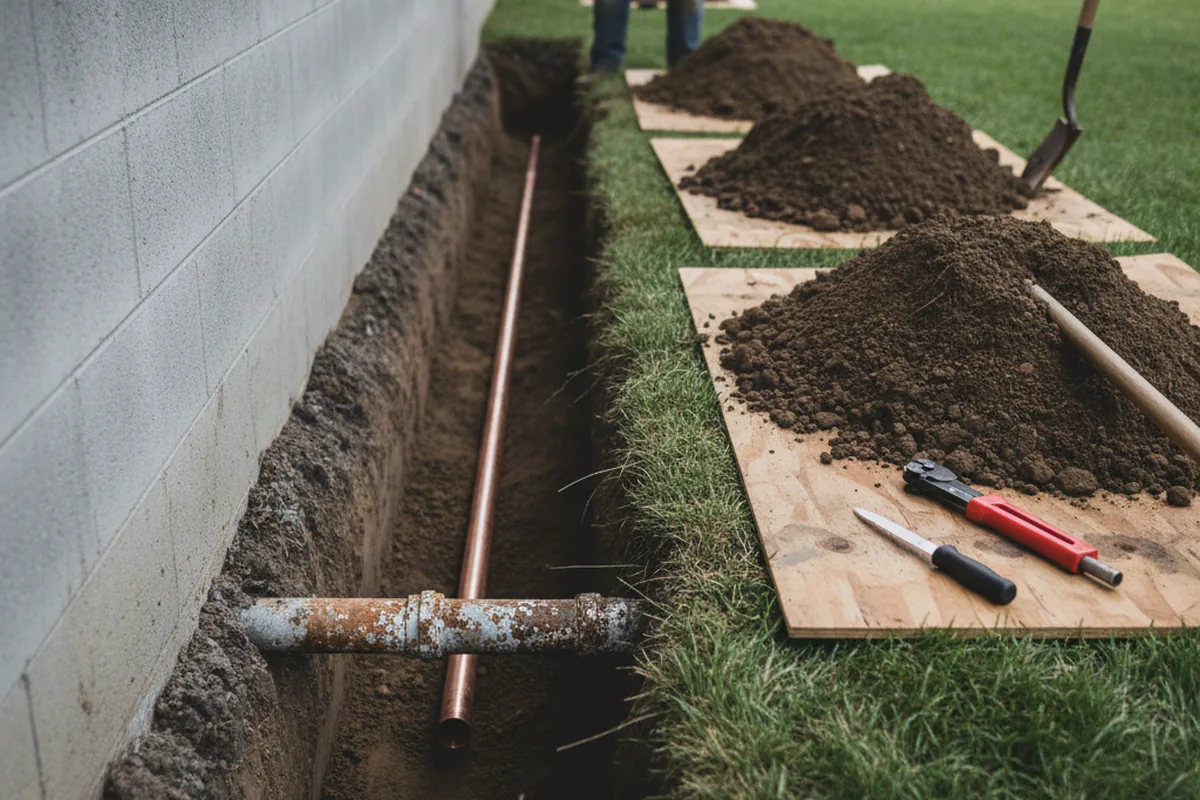 Excavated water line trench during Water Softener Installation in Zavalla